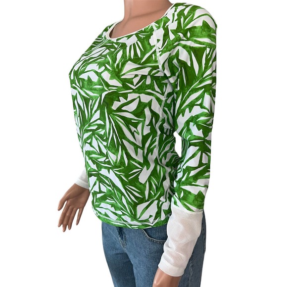 ATHLETA Swim Top Womens Medium White Green Print Long Sleeve Round Neck Stretch - Picture 2 of 4
